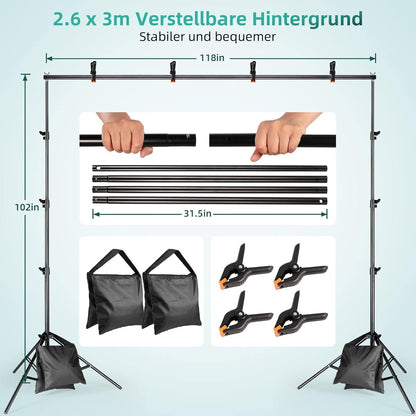 Complete Fotostudioset – Fotostudio Set – Softbox Set – Achtergrondsysteem – Studiolampen – 2,6 x 3 m Verstelbaar Aluminium Frame – 3 Katoenen Achtergronden Groen, Zwart En Wit