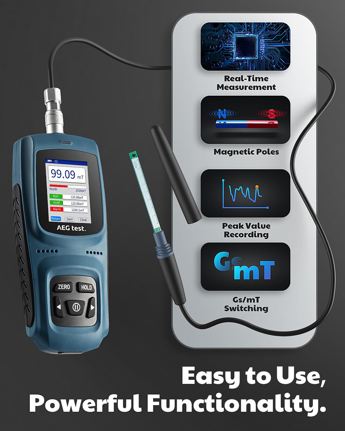 8103 gausmeter, oplaadbaar, 0-2500 m, magneetometer met gegevensregistratie en alarm, veld- en polariteitsmeter, ± 5% totale nauwkeurigheid voor fabrieken en werkplaatsen
