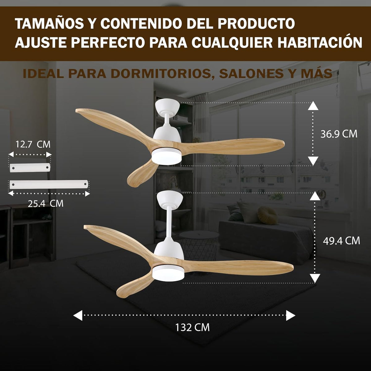 Plafondventilator met dimbaar ledlicht en afstandsbediening, stille DC-motor met 6 snelheden, 3 bladen van massief hout, 132 cm, 3 temperaturen, timer, ideaal voor woonkamer en slaapkamer
