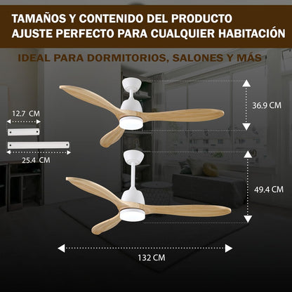 Plafondventilator met dimbaar ledlicht en afstandsbediening, stille DC-motor met 6 snelheden, 3 bladen van massief hout, 132 cm, 3 temperaturen, timer, ideaal voor woonkamer en slaapkamer