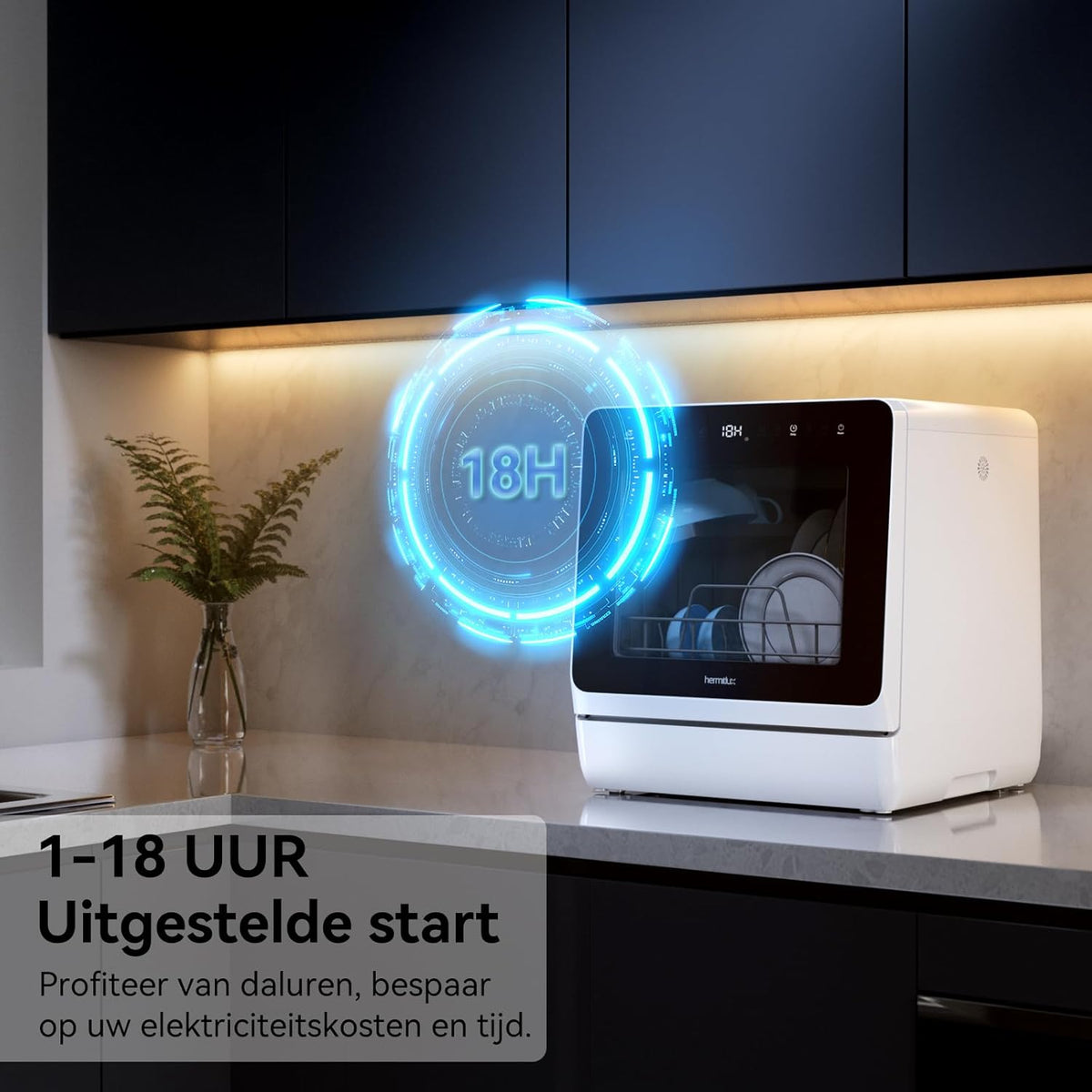 Hermitlux Tafelvaatwasser, mini-vaatwasser met 7 + 3 programma's, 5 couverts, 5 l watertank, startvertraging en kinderbeveiliging