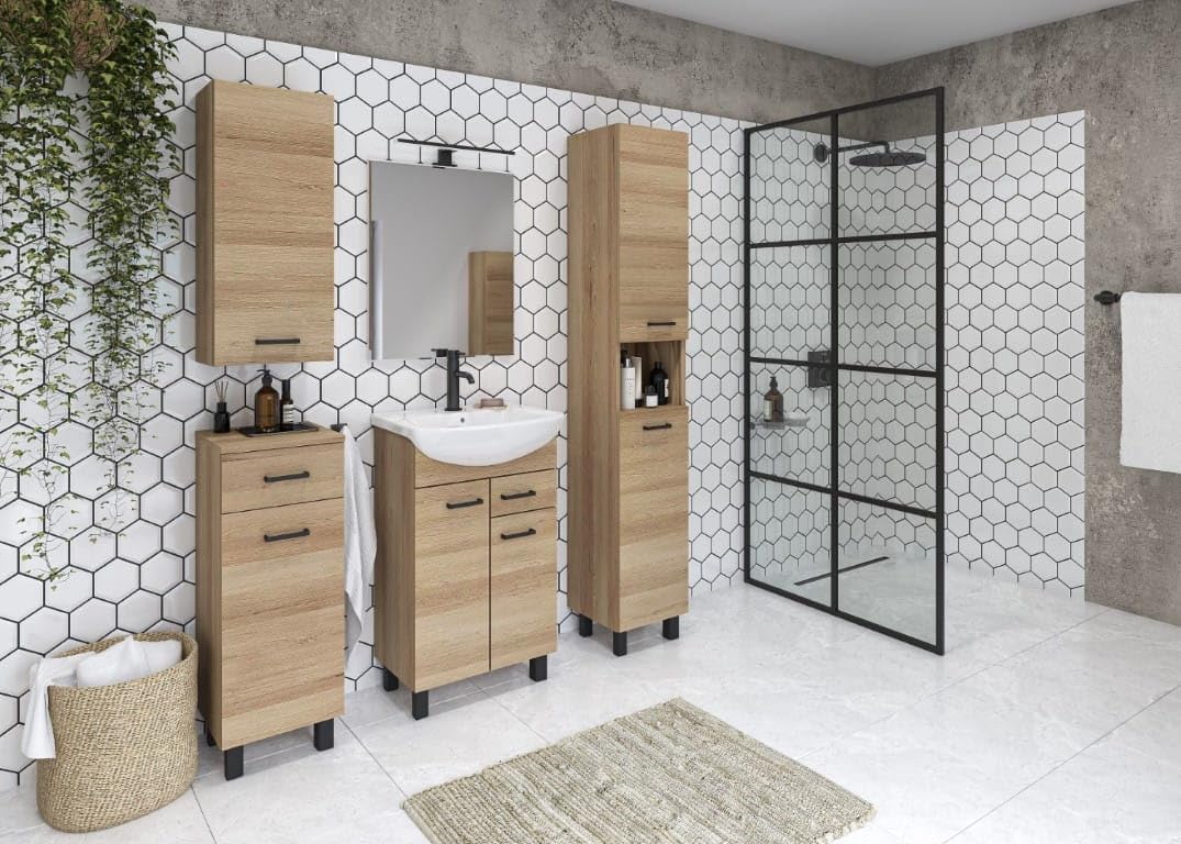Domodomo Bathroom Cabinet with Washbasin 85 x 50 x 41 cm Freestanding Bathroom Cabinet and Base Cabinet Oak 50 cm, Elegant Set with Fixture Black Matt, Click-Clock-Stopfen, Siphon - QUORE