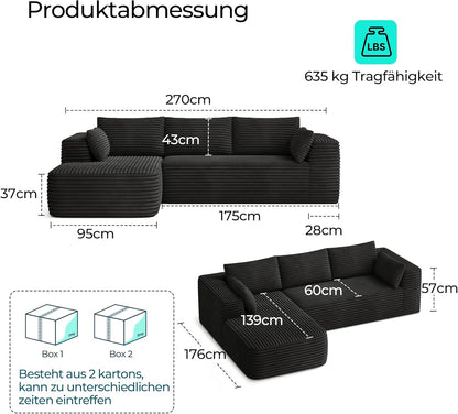 LINSY HOME Corner Sofa with Sleeping Function, Corduroy Modular Sofa Bed, 270 cm, L-Shaped Sofa, 3 Seater with Footstool, Sectional Sofa for Living Room, No Assembly Required, Black - QUORE