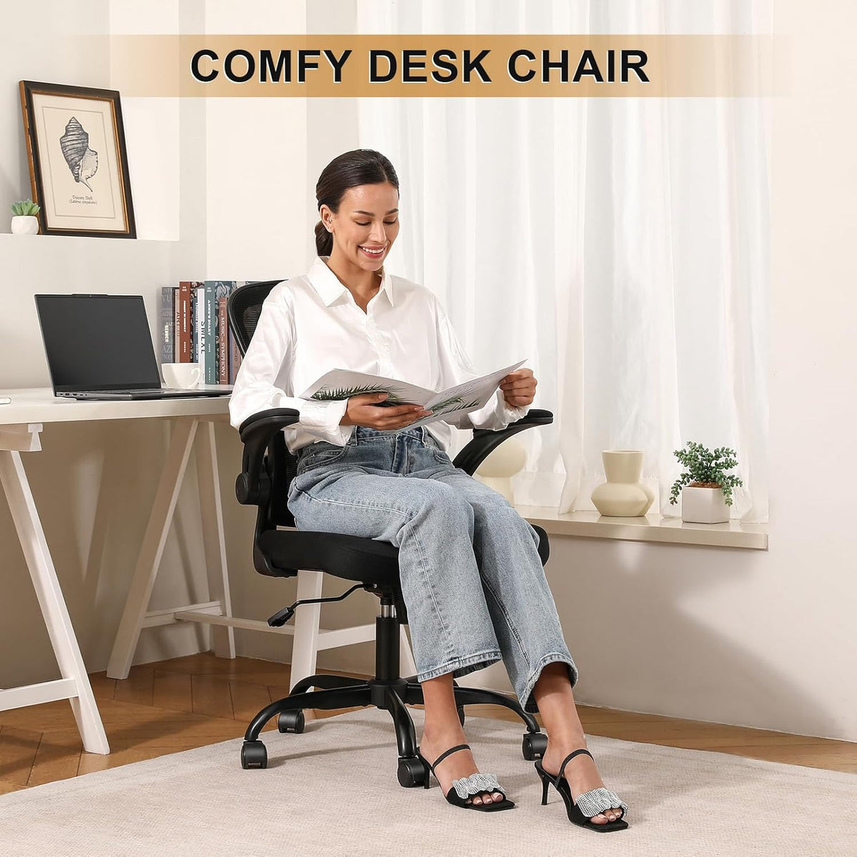 Ergonomische Bureaustoel – Bureaustoel Met Hoge Rugleuning – Mesh Bureaustoel – Thuiswerkstoel – Comfortabele Stoel – Verstelbare Zithoogte – Ademend Mesh Materiaal – 90° Opklapbare Armleuningen