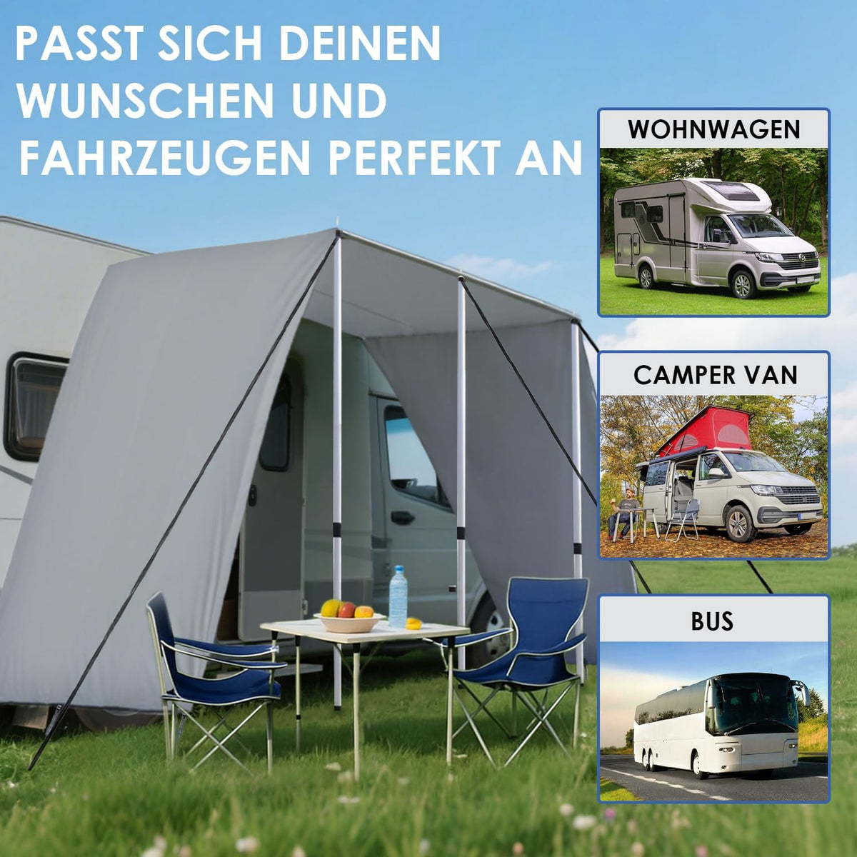 Voortent Caravan Met Rail 4 x 2,4 m (4-7 mm), Zonnezeil, Drie Zijden Tarp Met Stangen, Stormband voor Voortent, Campingaccessoires