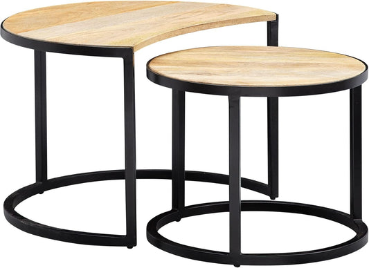 Bijzettafel – Salontafel – Side Table – Tafeltje – Onderzettafel – Industrieel Design – Mangohout & Zwart Metaal – Set Van 2 Ronde Tafels – Ruimtebesparend & Duurzaam