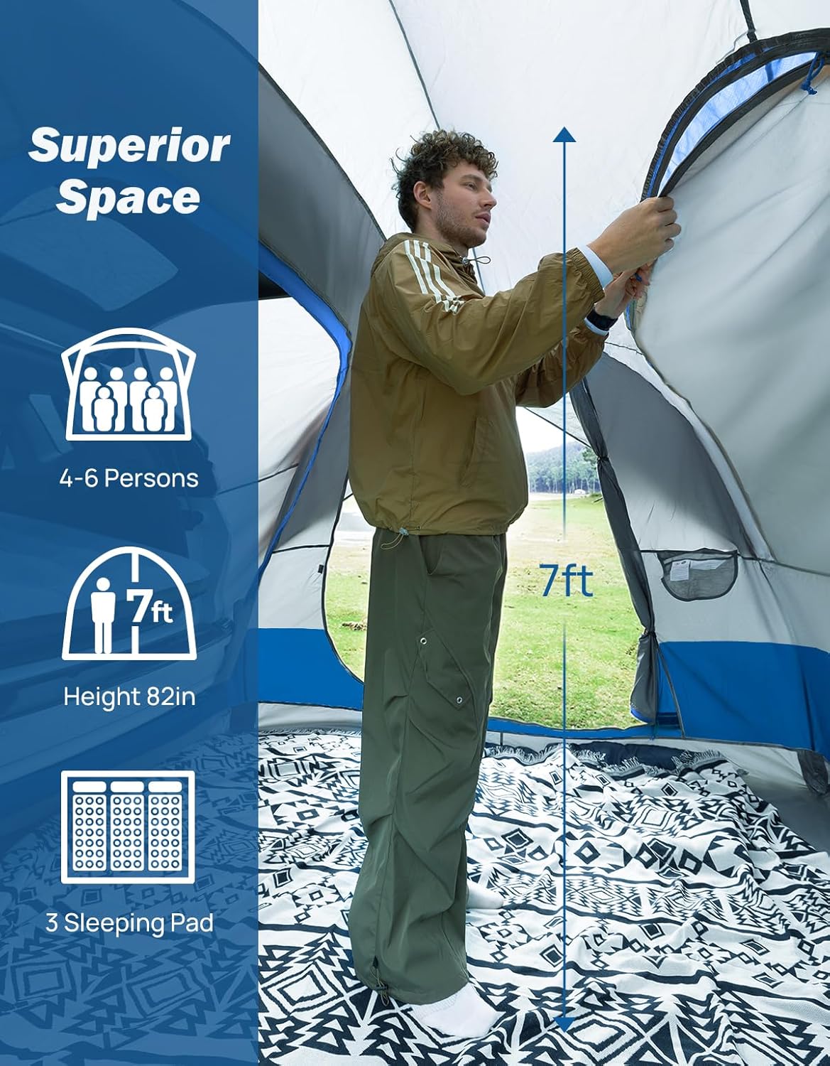 JOYTUTUS SUV-tent voor camping, 4-6 personen, 234 x 234 x 210 cm (l x h), waterdicht PU 2000 mm, dubbellaags, ontwerp met dubbele deur, outdoor, camping, reizen, blauw