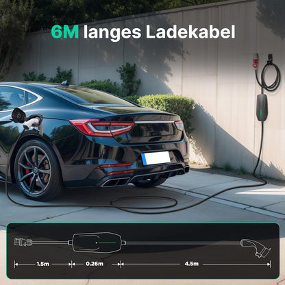 Type 2 Mobile Wallbox 11 KW met 16 A CEE-stekker, [3-fasig | 6A -16A | 6m laadkabel ] draagbare EV oplader, IP66 waterdicht mobiel laadstation voor EV PHEV draagbare tassen