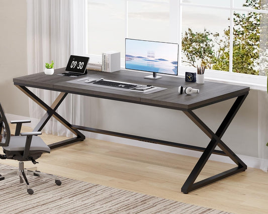 LVB Rustiek Groot Bureau voor Thuiskantoor, 70.8" LW Computerbureau, Houten Metalen Werktafel voor Studie Schrijven Gamen, Boerderij Dual Monitor Workstation Executive Computer Desk, Donker