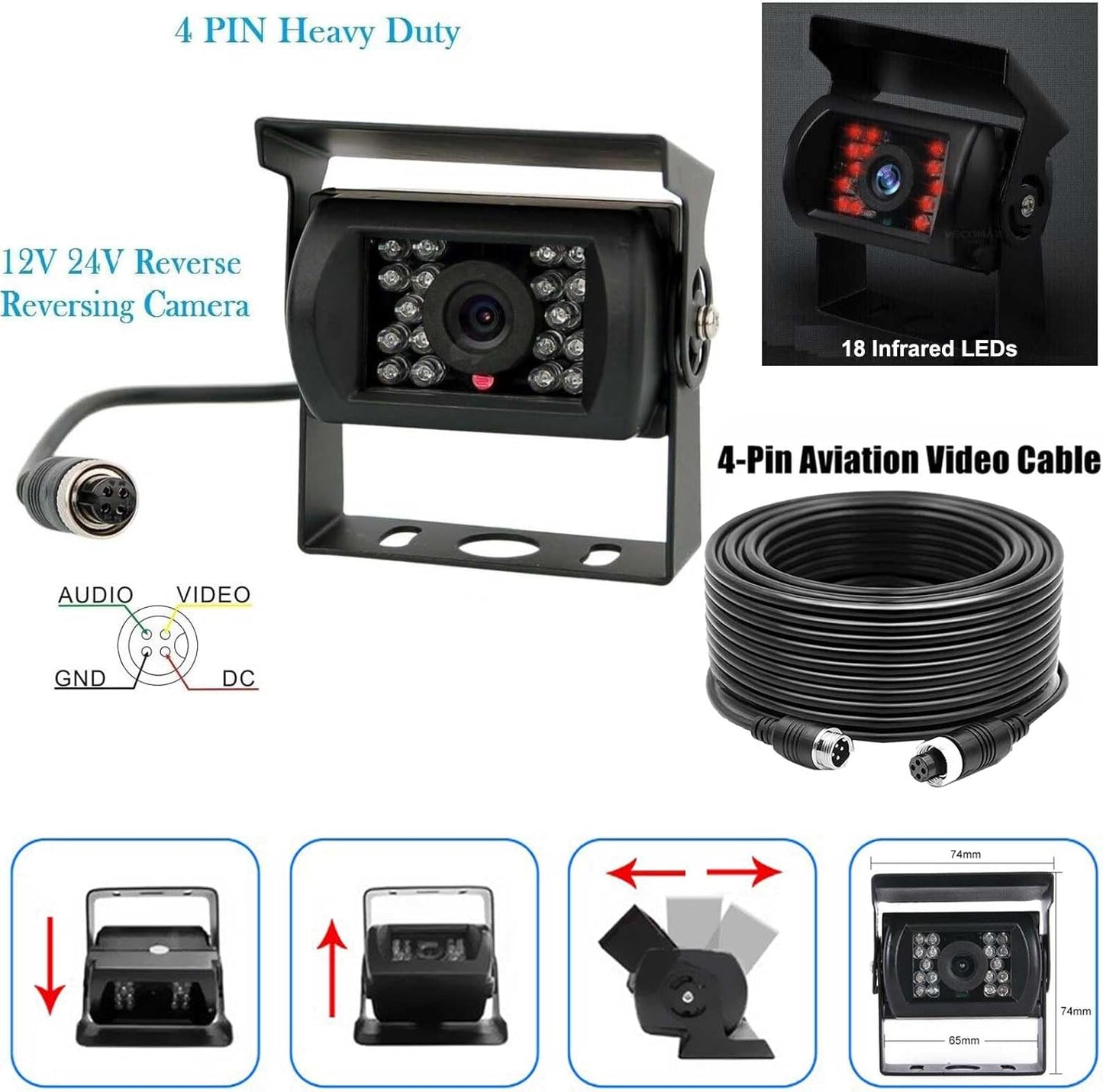 12 V-24 V 4-pins auto-achteruitrijcamerasysteem voor campers Bus Aanhangwagen Vrachtwagen Vrachtwagen Caravan, 7 "TFT LCD HD-kleurenautomonitor met 2 18-leds Nachtzicht Waterdichte achteruitrijcamera
