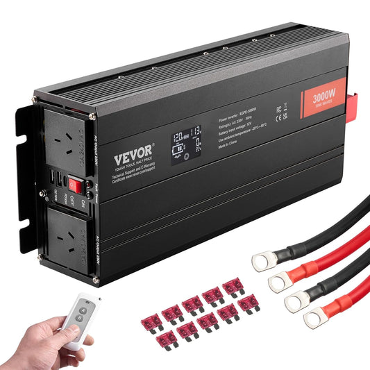 VEVOR Pure sinus omvormer 3000 W DC 12 V naar AC 230 V met 2 AC-uitgangen, 2 USB-poorten, 1 Type-C-aansluiting en afstandsbediening voor smartphones, pc