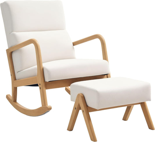 HOMCOM rocking chair with stool rocking chair with linen look fabric cover chair for living room, bedroom, cream white - QUORE