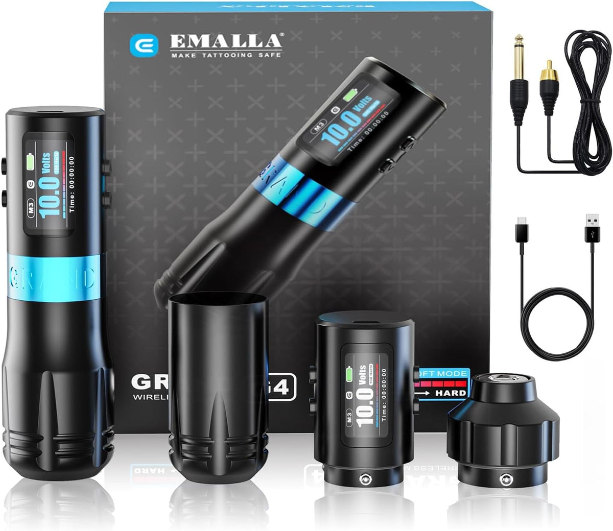 EMALLA GRAND G4 Draadloze tattoo-penmachine (5,0 mm slag), slim led-scherm met 2 duurzame batterijen en 34/38 mm handgrepen, professionele tattoo-kit
