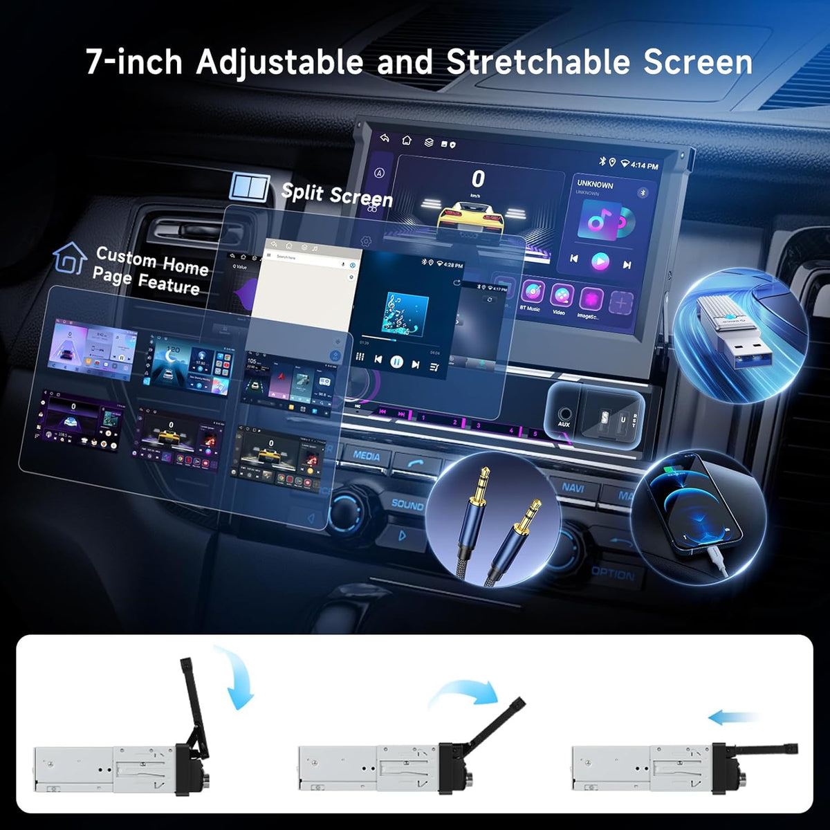 Hodozzy 6G + 128GB Android 15 autoradio, 1 Din scherm, uitschuifbaar met Carplay Wireless Android Auto, 7 inch touchscreen, navigatie, GPS radio met wifi, Bluetooth, FM/AM/RDS, DSP, USB en