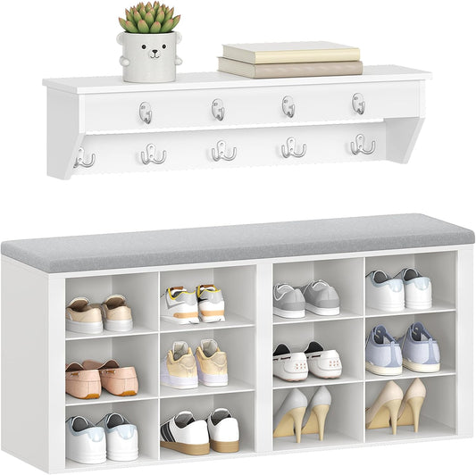 Hzuaneri Coat Rack with Bench Shoe Bench with Seat Entrance Bench 30 x 104 x 49 cm Wall Coat Rack with 9 Hooks Coat Hooks for Living Room Bedroom Entrance White Grey HT24903GY