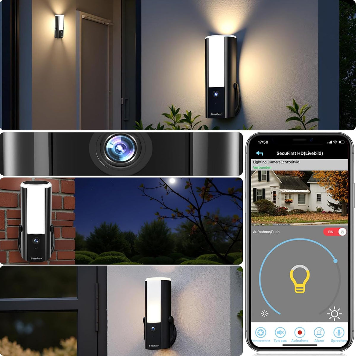 SecuFirst bewakingscamera voor buiten met LED buitenverlichting, met bewegingsmelder, dimbare helderheid (900lm), aluminium camera bewaking outdoor, KI-herkenning, WLAN, 2K, 32GB SD-kaart,