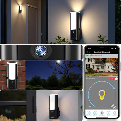 SecuFirst bewakingscamera voor buiten met LED buitenverlichting, met bewegingsmelder, dimbare helderheid (900lm), aluminium camera bewaking outdoor, KI-herkenning, WLAN, 2K, 32GB SD-kaart,
