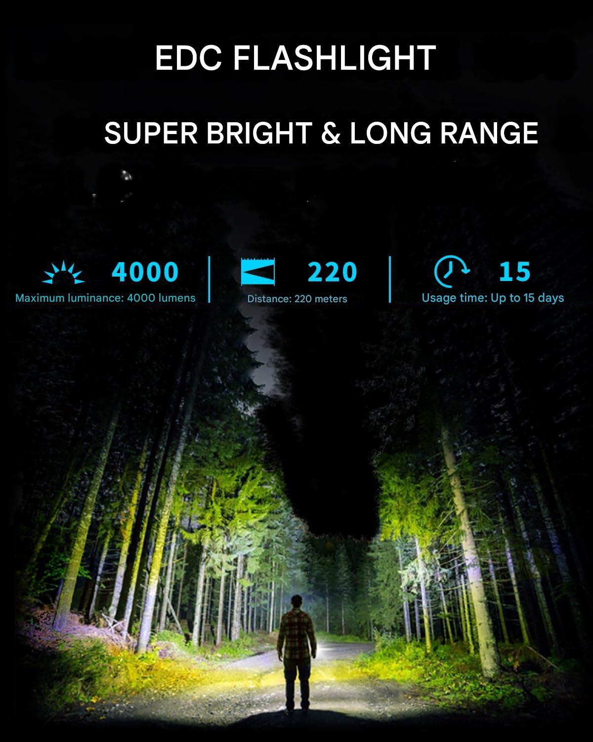 Zaklamp - Tactische Zaklamp - LED-buitenlamp - Oplaadbaar - 4000Lm - met 6 Lichtmodi - 5000 mAh - USB-kabel - Waterdicht - voor Kamperen - Wandelen - Noodsituatie - 15 dagen Bereik - Zwart