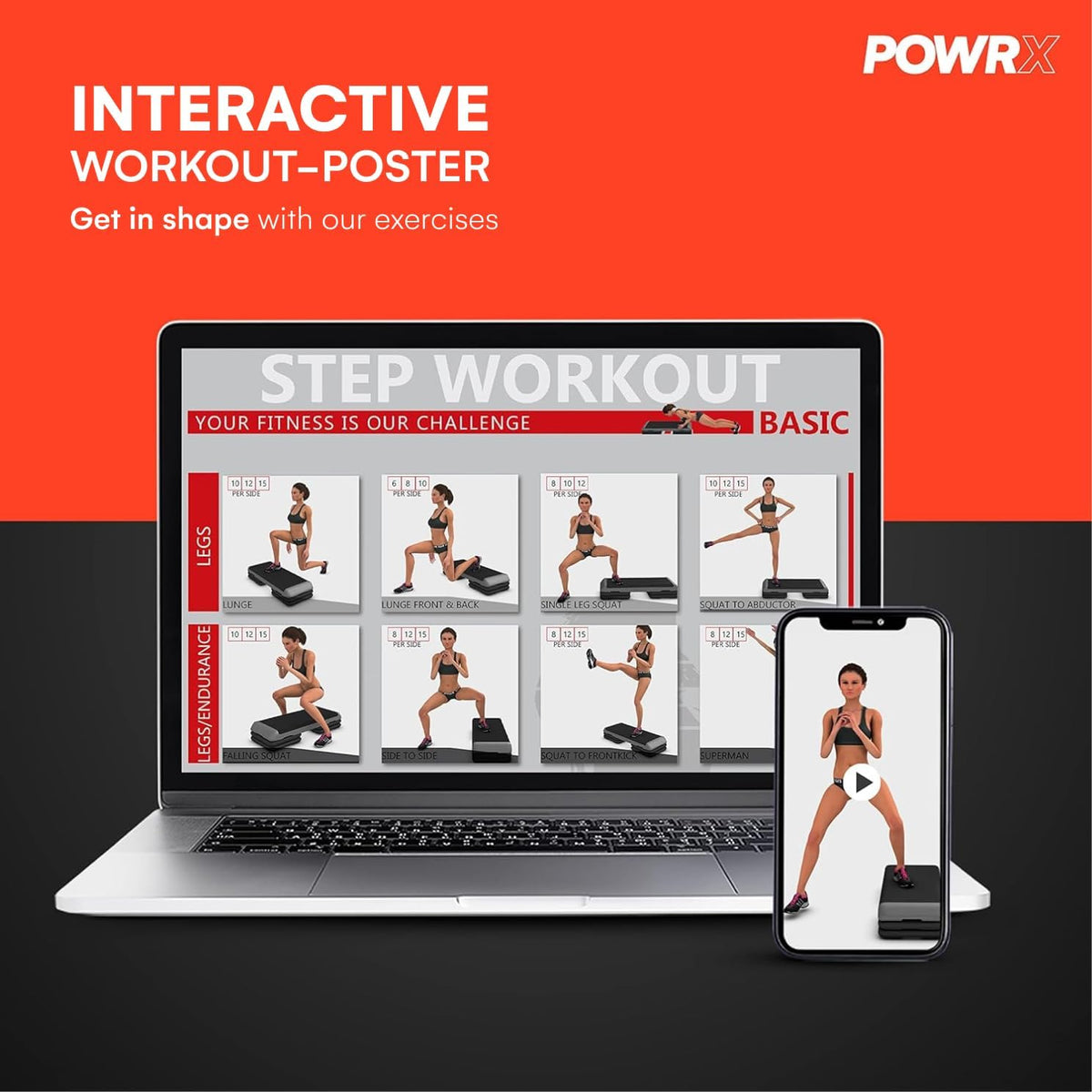 POWRX Professionele aerobic quiltplank incl. workout I Fitness Stepbank Step in hoogte verstelbaar I Afmetingen: 89 x 34 cm I hoogte tot max. 25 cm verstelbaar (zwart)