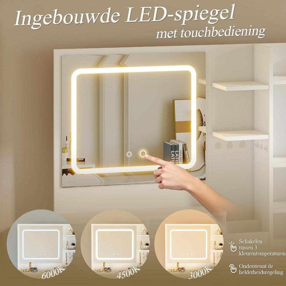 Make-up Tafel – Kaptafel – Toiletspiegel – Make-up Bureau – Make-up Spiegel – LED Spiegel Met 3 Kleurtemperaturen – Ingebouwde Stopcontacten Met 6 Lades