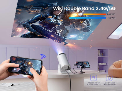 Mini-projector, 4K, 1080p, FHD ondersteund, automatische keystone/korte brandpuntsafstand: draagbare wifi-bluetooth-projector met hoek 270 graden, zoom, 85% videoprojector, wifi6, thuisbioscoop/buiten