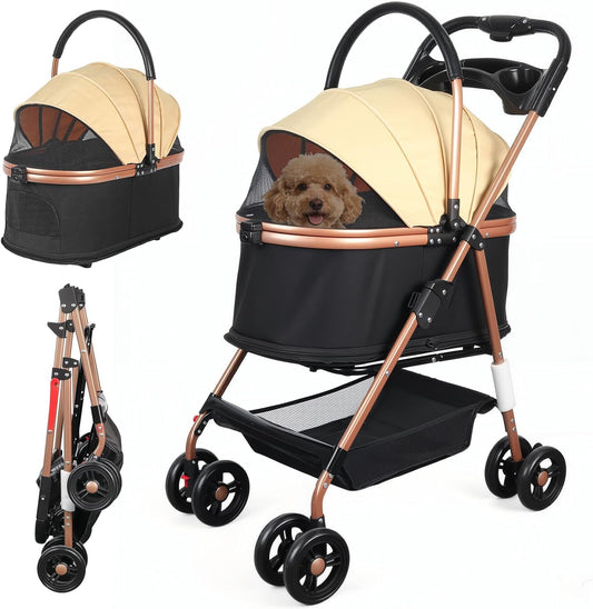 Opvouwbare kinderwagen, 3-in-1 honden/kattenkinderwagen met opbergmandnet, bekerhouder, veiligheidsgordel, 360° slijtvaste wielen, reisdrager voor kleine huisdieren
