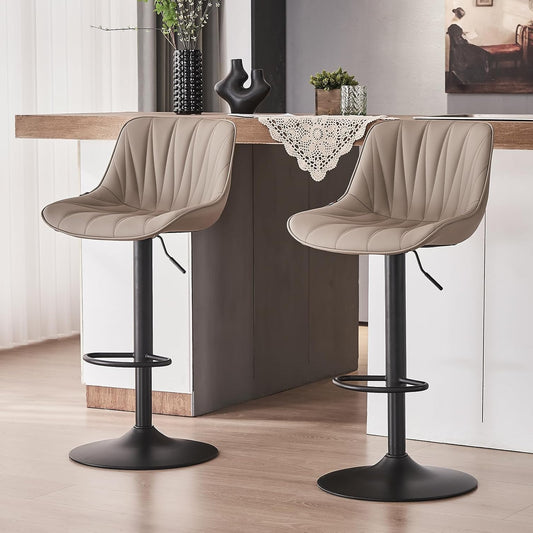YOUTASTE Bar Stool, Set of 2 Bar Chairs, Height Adjustable, Swivel PU Leather, Bar Stool with Backrest and Footrest, Seat Height 57-82 cm, for Kitchen, Counter, Bar, Khaki - QUORE