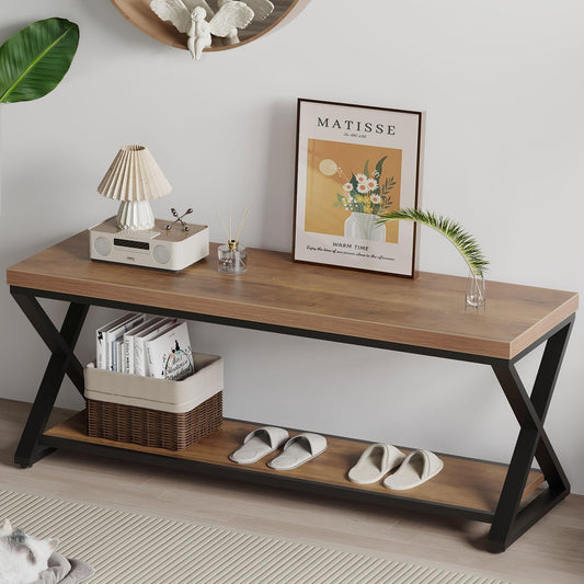 IBF Entryway Bank met opslag, industriële houten metalen opbergbank voor hal, eetkamer, woonkamer, Famrhouse schoenenrek indoor accent zitbanken voor foyer entree slaapkamer, rustiek eiken 120 cm