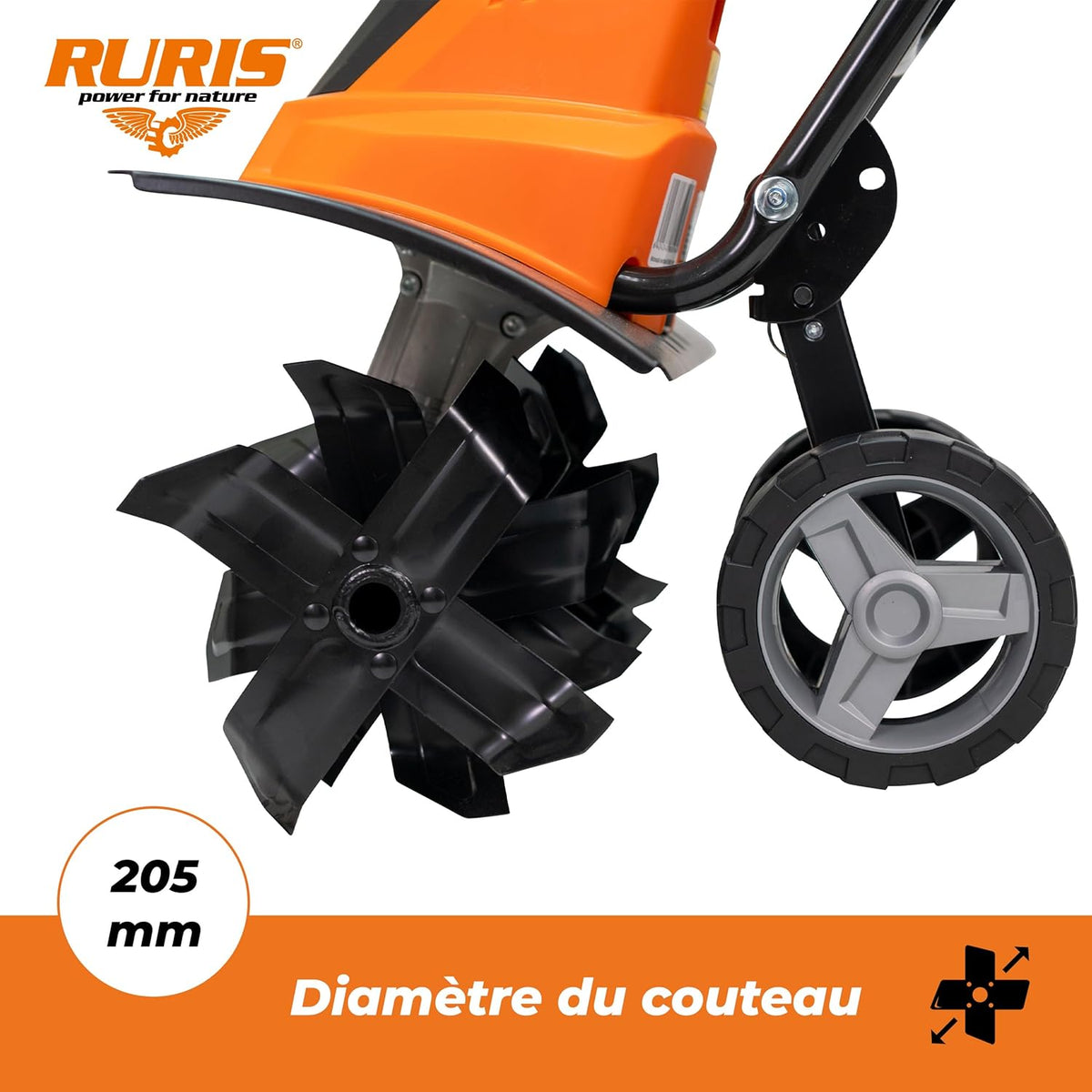 RURIS Elektrische motorhak 160RE - 1600W, breedte 450 mm, diepte 220 mm, 24 messen, elektronische rem, 2 wielen, licht en stil