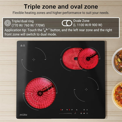 COVERCOOK Keramische kookplaat, ingebouwde 4-zone elektrische kookplaat 60 cm, keramische kookplaat, 6700W, dubbele ovale zone, drievoudige dubbele ringfunctie, timer, veiligheidsslot, geen stekker