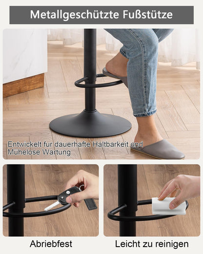 YOUTASTE Barkruk, set van 2 barstoelen, in hoogte verstelbaar, draaibaar met PU-leer, barkruk met rugleuning en voetensteun, zithoogte 57-82 cm, voor keuken, toonbank, bar, zwart