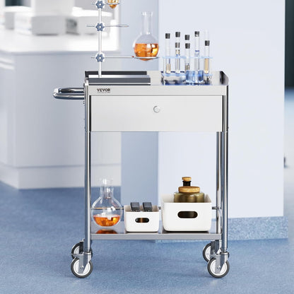 VEVOR 2 Tier Laboratory Cart, Medical Service Car, 71 x 42 x 78.5 cm, Stainless Steel, with Drawer, Load 100 kg, Silent Movement for Clinical Storage, Kitchen, Hotel,