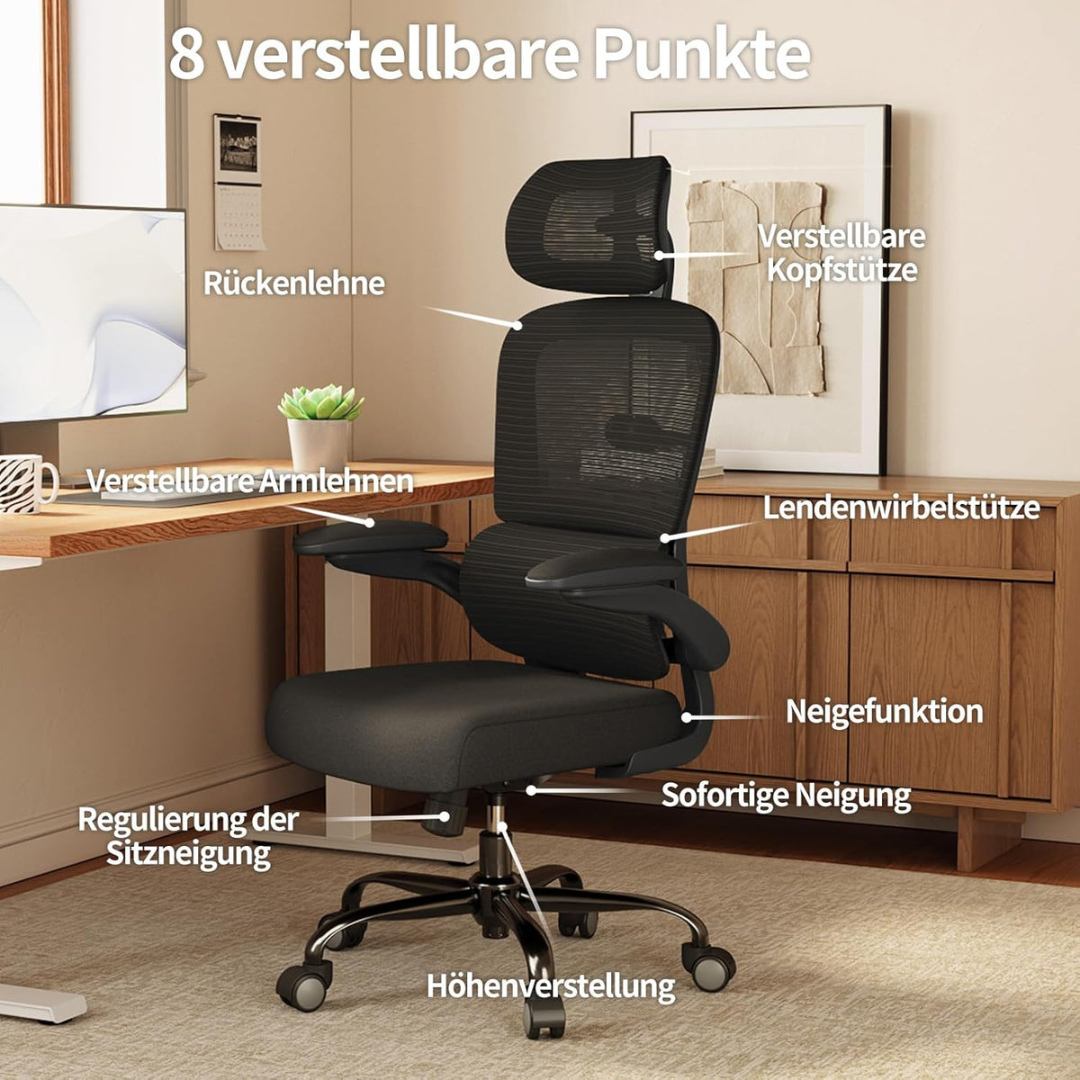 TRALT Bureaustoel, ergonomisch, bureaustoel met verstelbare lendensteun, hoofdsteun, gamingstoel, kantoorstoel, ergonomisch, 150 kg, voor grote mensen, zwart