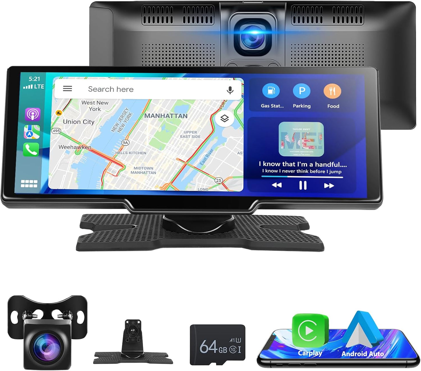 Podofo 9,3 inch draagbare autoradio 2,5K dubbele dashcam met draadloos Apple Carplay Android-autoscherm, 7-32V touchscreen met stemassistent/Bluetooth/FM-zender/AUX / 32G TF-kaart