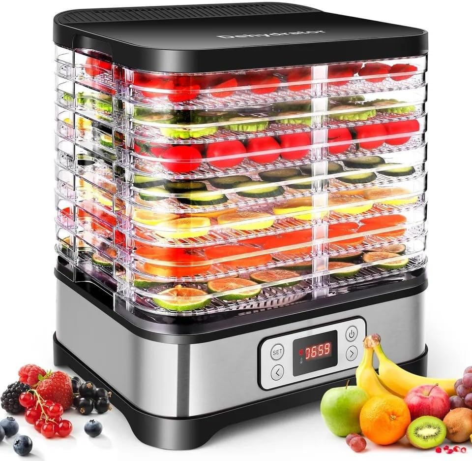 Nictemaw 400 W voedseldroger met 8 droogniveaus, droger voor vlees, groenten en fruit, instelbare temperatuur 35-70 °C, zilver/zwart