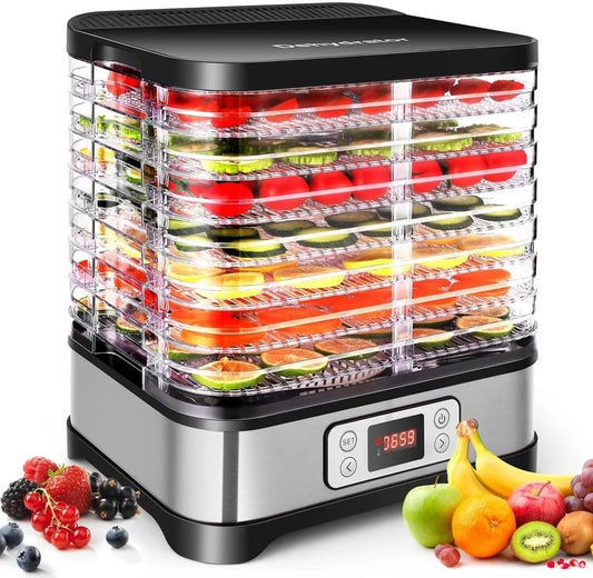 Nictemaw 400 W voedseldroger met 8 droogniveaus, droger voor vlees, groenten en fruit, instelbare temperatuur 35-70 °C, zilver/zwart