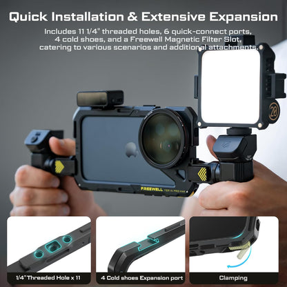 Freewell Genius Rig Cage voor iPhone 16 Pro Max - gereedschapsvrije installatie, multifunctioneel statief en monopod handgrepen, Bluetooth-afstandsbediening