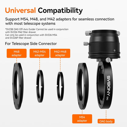 Svbony SV238 OAG (Off-Axis Guider), 8 * 14mm Prisma Groot, 12,5 mm Bodydikte CNC geleidescoop, Dual Helical Focuser Telescoopaccessoire, met M54, M48, M42-adapter, voor Astronomiefotografie