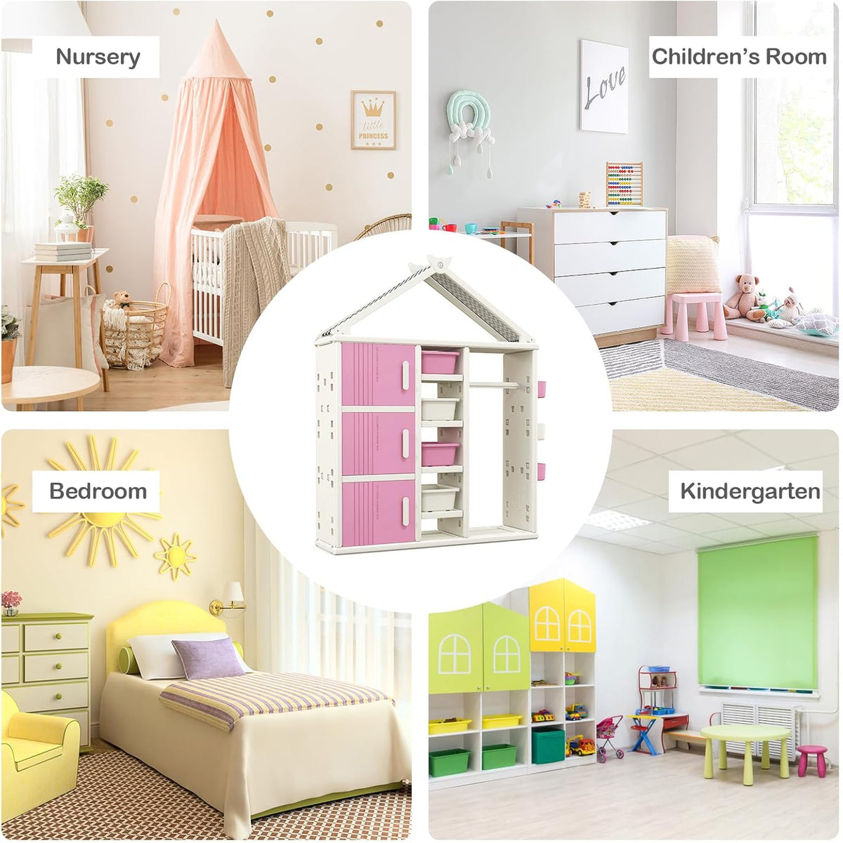 FANTASK Kinderrek in huisvorm, kindergarderobe met planken, zijmanden en 4 opbergdozen, kinderkledingkast voor kinderkamer (roze)