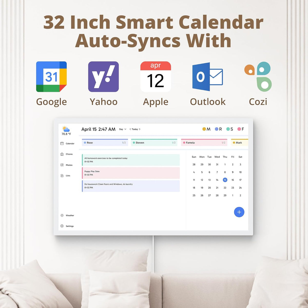 Dragon Touch Digitale kalender, 32 inch, 1920 x 1080 FHD, elektronische wandkalender, familieplanner met 32 GB geheugen en wandgemonteerde draaihouder, touchscreen, intelligente tafelkalender, wit