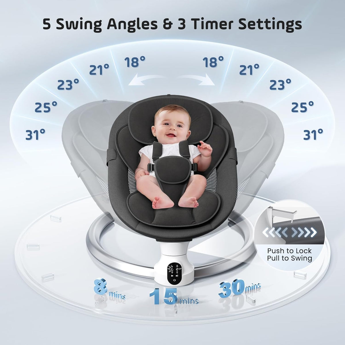 BlundiQue Baby Rocker Troll Programme with Remote Control and Control Baby Swing with 5 Swing Widths 3-Step Timer 3 Toy Grey Lamb Soft Padded (Black) - QUORE