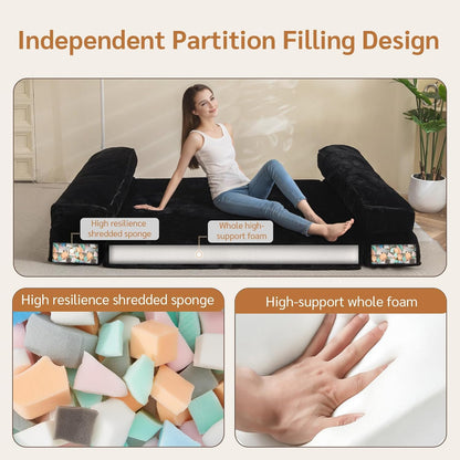 MAXYOYO Bean Bag Bed Foldable Sofa Bed Floor Mattress for Adults, Extra Thick 6 Fold Floor Sofa Floor Sofa for Bedroom Living Room, Black, 75x240cm