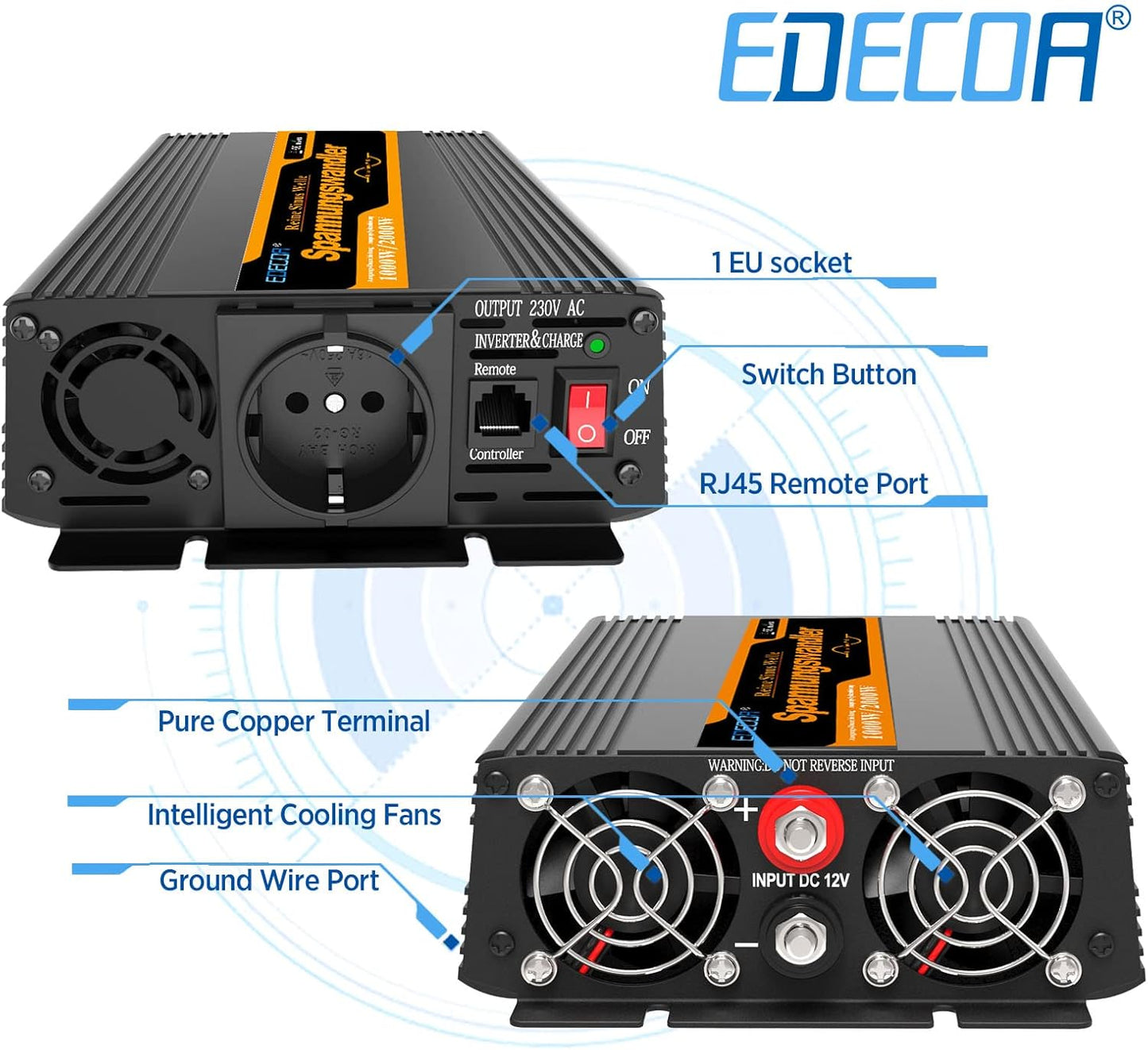 EDECOA Omvormer Zuivere Sinus 1000W 12 V 230 V Auto Omvormer 12V naar 230V Spanningsomvormer 2000W Piekvermogen Inverter Pure Sine Wave met Afstandsbediening EU Stopcontacten