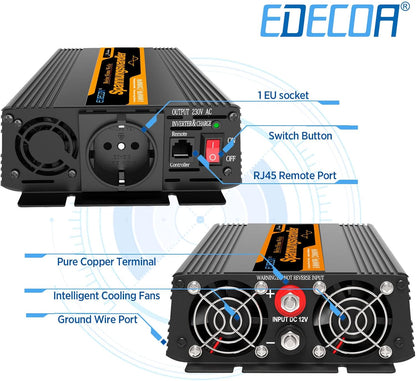 EDECOA Omvormer Zuivere Sinus 1000W 12 V 230 V Auto Omvormer 12V naar 230V Spanningsomvormer 2000W Piekvermogen Inverter Pure Sine Wave met Afstandsbediening EU Stopcontacten