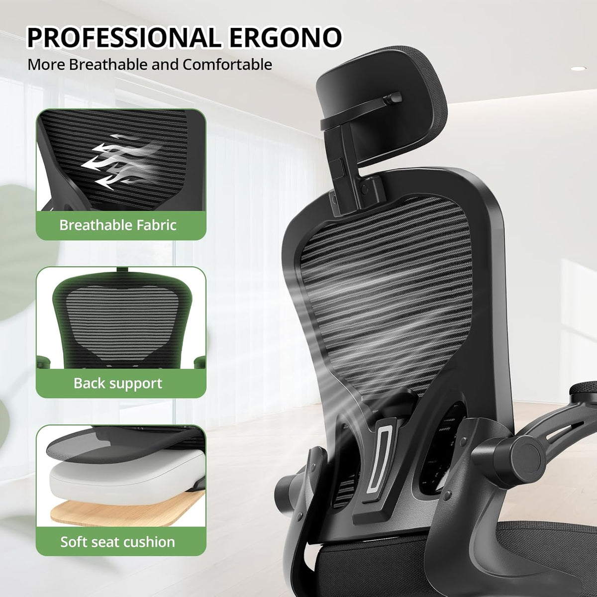 Synorla Bureaustoel, ergonomische bureaustoel met 350 lb-capaciteit, computerstoelen met hoge rugleuning voor lange uren, comfortabel, 360° rollende draaibare bureaustoelen voor thuis met verstelbare