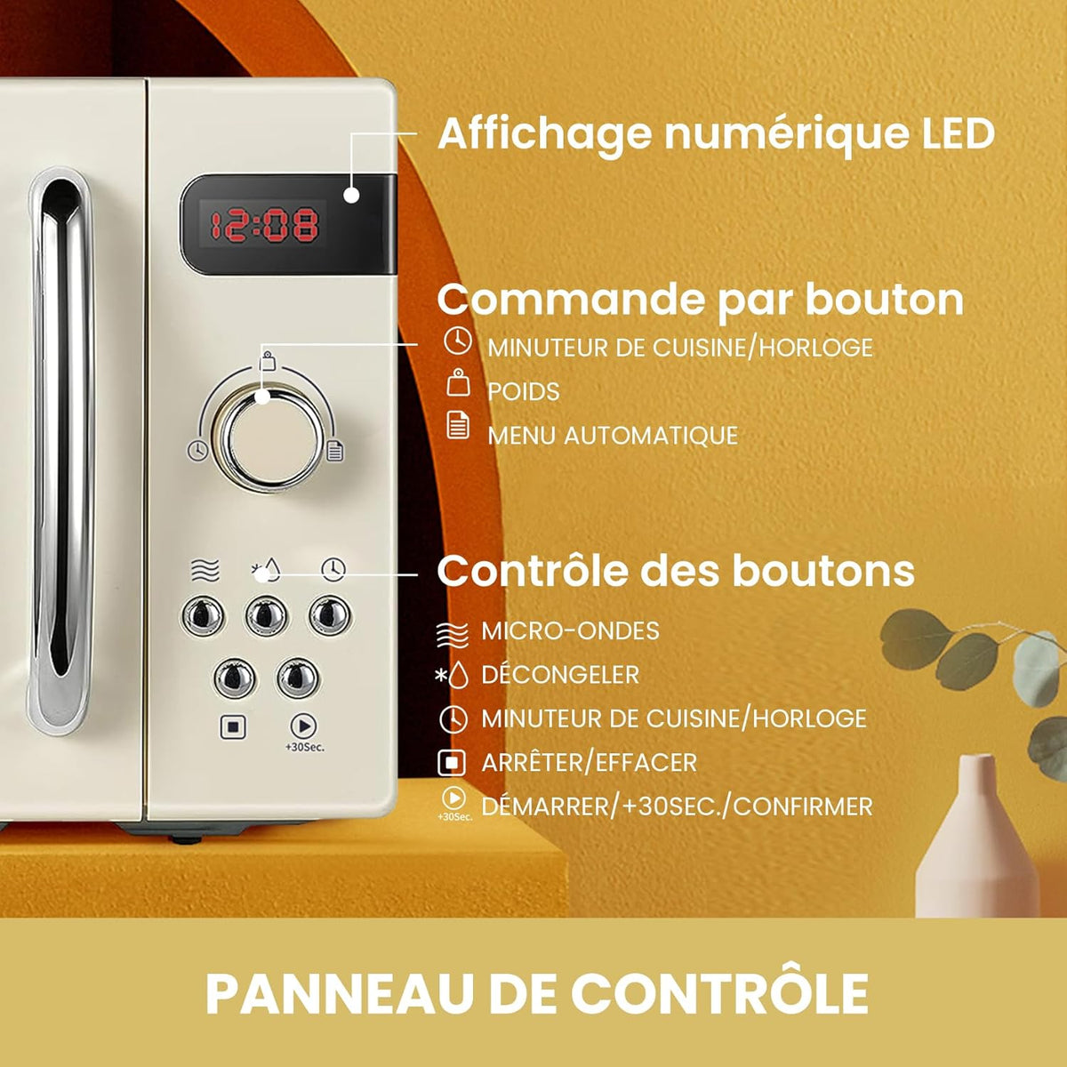COMFEE Retro magnetron CMSRO 20di cr met 8 Rutomatische Renus, 5 kookstanden, express-kookknop, 20 l, 800 W, abrikozencrème