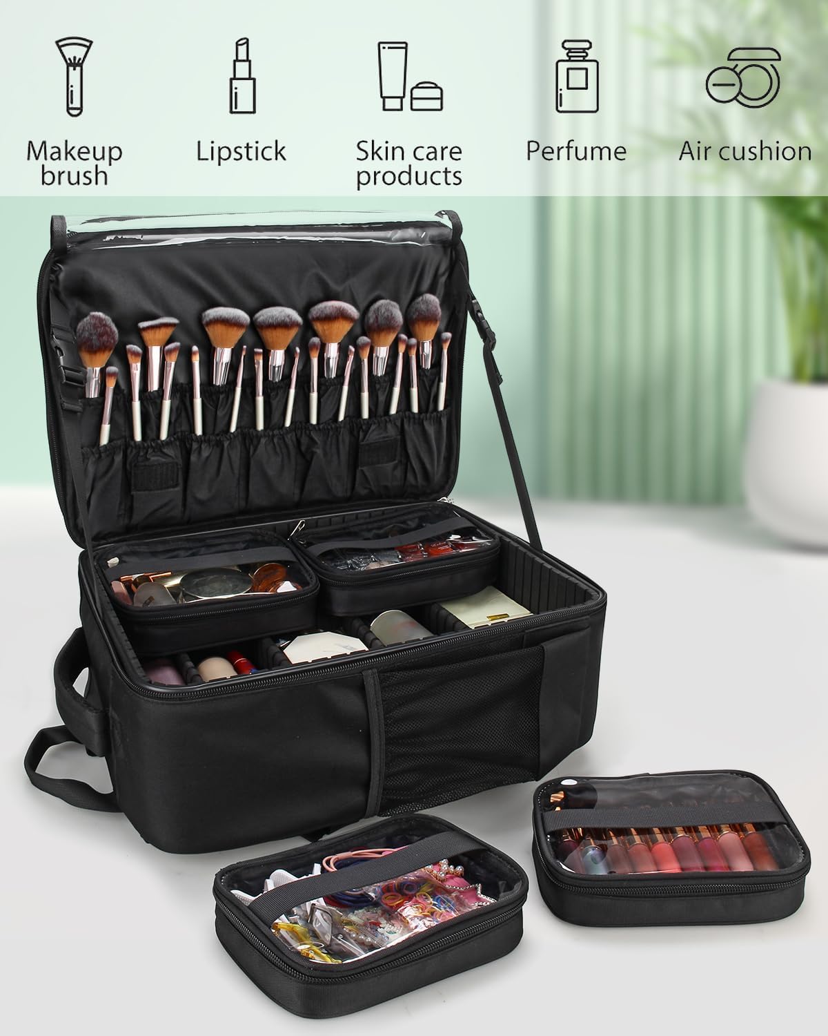Cosmeticakoffer Rugzak Zwart – Make-upkoffer – Beautycase – Make-up Organizer – Visagiekoffer – Extra Groot 3 Laags – Waterdicht Oxford Materiaal
