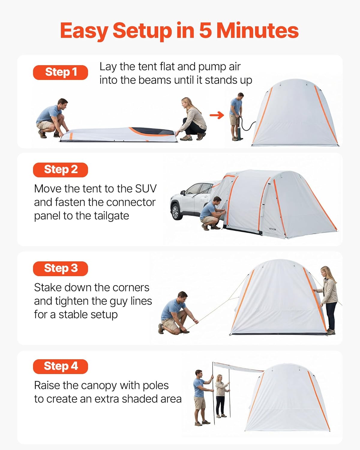 VEVOR Opblaasbare achterkleptent, autotent (2042+1020) x 2438 x 2020 mm, waterdicht (PU2000 mm), campingtent met geventileerde deuren en muggennetten, UV-achtertent voor kamperen, wandelen, incl