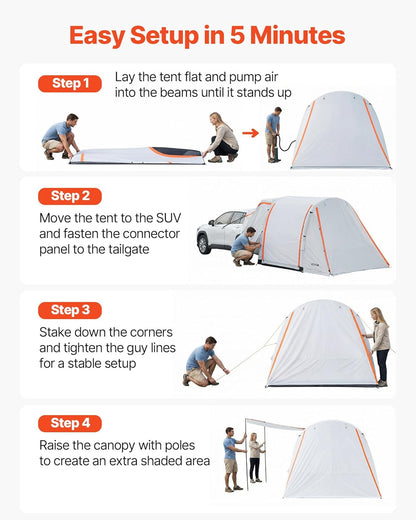 VEVOR Opblaasbare achterkleptent, autotent (2042+1020) x 2438 x 2020 mm, waterdicht (PU2000 mm), campingtent met geventileerde deuren en muggennetten, UV-achtertent voor kamperen, wandelen, incl