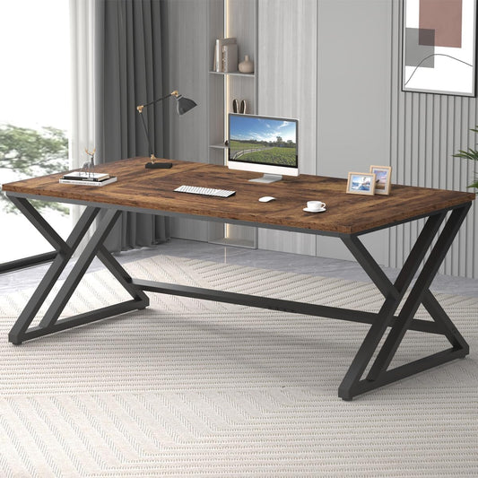 LVB Bureau, grote computertafel voor thuiskantoor, bureau, hout, metaal, bureautafel, houten tafel voor kantoor en werkkamer, gaming, pc-tafel, kantoortafel voor thuis, industrie, vintage bruin-zwart